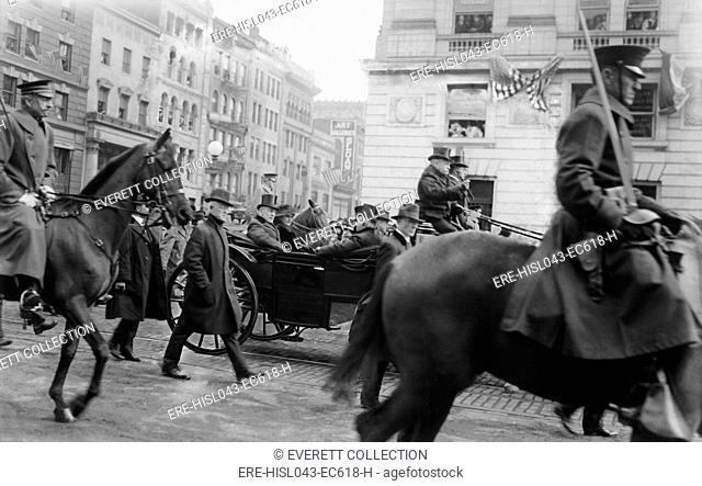 President Woodrow Wilsons second Inauguration, March 5, 1917. President and his wife, Edith, ride through the streets of Washington in a horse drawn carriage