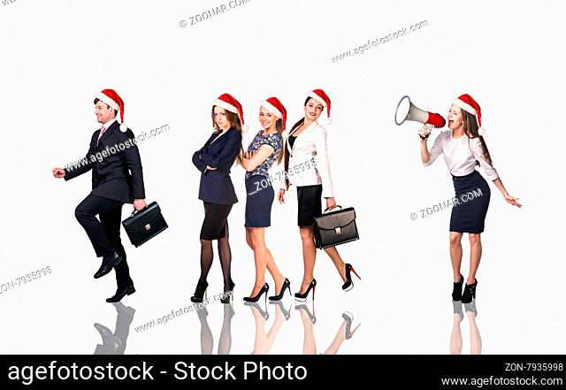 Businesspeople people in a Santa Claus hat with loudspeaker on the white background