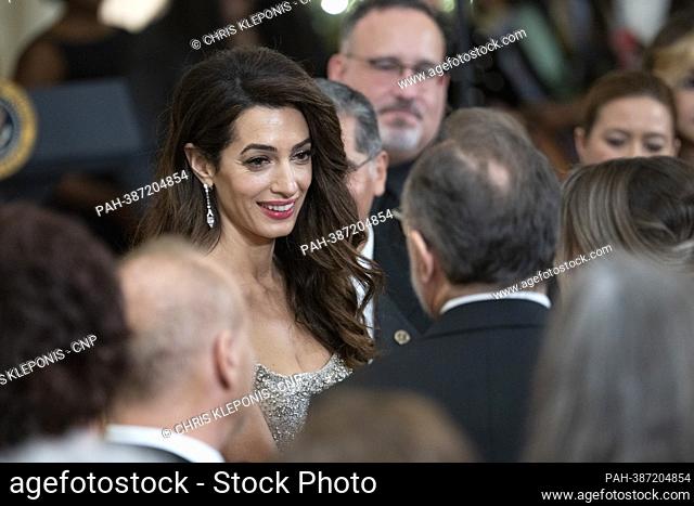Amal Clooney departs from a reception honoring the 45th Annual Kennedy Center Honors hosted by United States President Joe Biden and first lady Dr