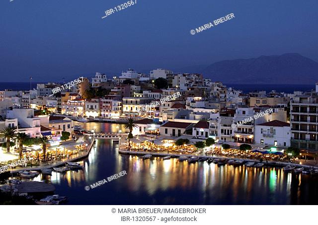 Blue hour, harbour, Agios Nikolaos, Crete, Greece, Europe