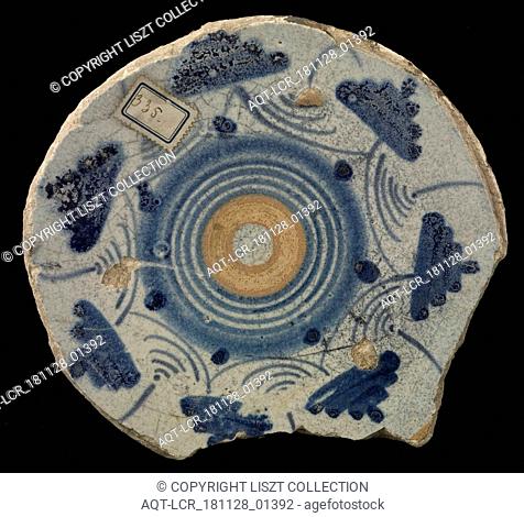 Fragment majolica dish, circles in orange and blue, figures stacked around them in blue, dish plate crockery holder soil find ceramic earthenware glaze
