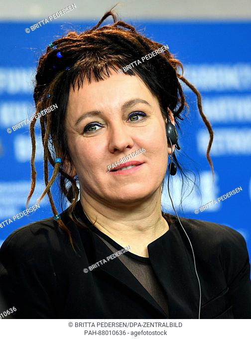 Writer Olga Tokarczuk speaking at press conference for the film 'Pokot (Spoor)' during the 67th International Berlin Film Festival, Berlinale, in Berlin