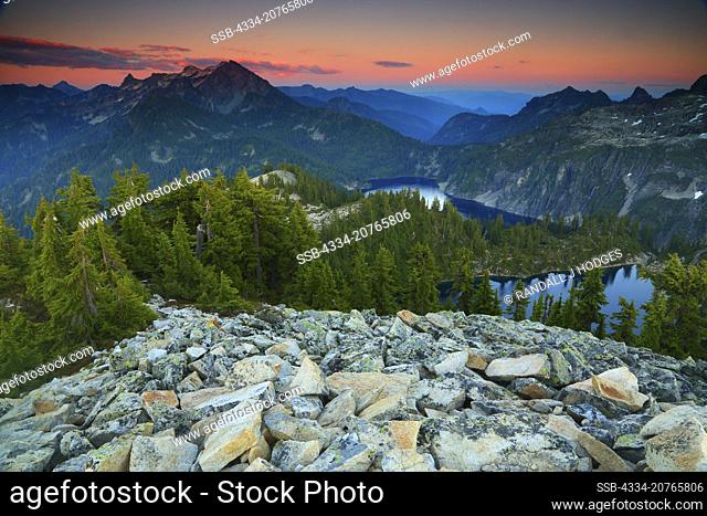 Sunset Alpenglow Over Gem Lake and Snow Lake From the Summit of Wright Mountain in the Alpine Lakes Wilderness of Washington