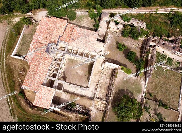 Aerial view of the Ruins Of An Ancient Abandoned Monastery In Santa Maria De Rioseco, Burgos, Spain. High quality photo