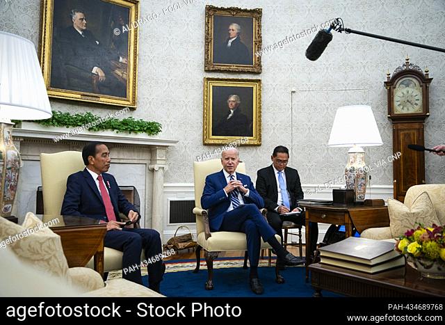 United States President Joe Biden meets President Joko Widodo of Indonesia, in the Oval Office of the White House in Washington, DC, US, on Monday, November 13