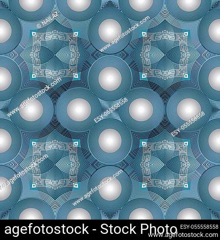 Abstract textured floral greek 3d vector seamless pattern. Geometric ornamental background. Surface circles, flowers, geometrical shapes, lines, frames