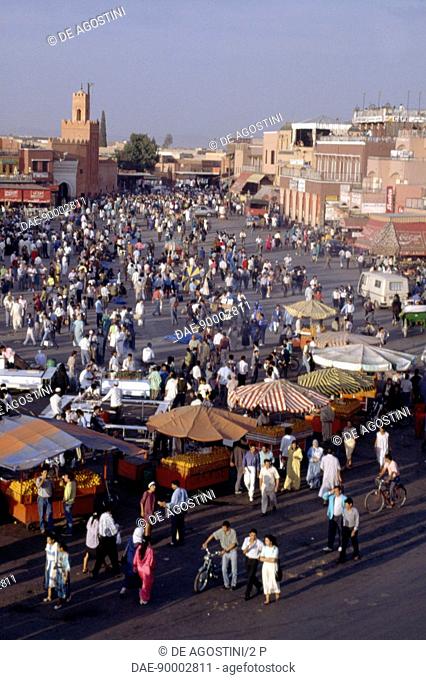 View of Djemaa el Fna square at sunset, medina of Marrakech (UNESCO World Heritage List, 1985), Morocco