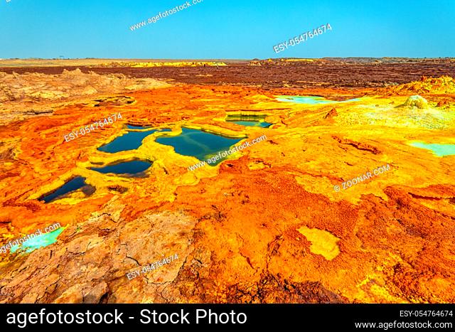 Beautiful small sulfur lakes Dallol, Ethiopia. Danakil Depression is the hottest place on Earth in terms of year-round average temperatures