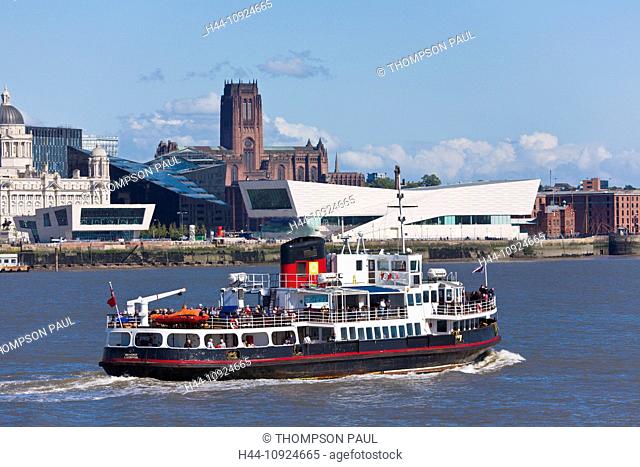 Liverpool, ferry, skyline, River Mersey, river, city, waterfront, Anglican Cathedral, Echo Arena, Conference Centre, England, Merseyside, UK, United Kingdom