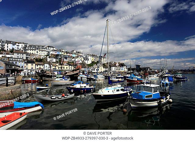 Summer, fishing boats in Brixham harbour, Brixham town, Torbay, English Riviera, Devon County, England, UK