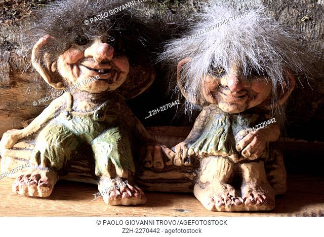 Norwegian trolls souvenirs for sale in a gift shop, Norway, Europe