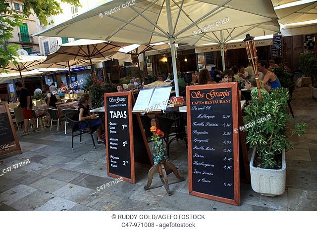 Cafe and bar at Plaza de la Vila, Soller, Majorca, Balearic Islands, Spain