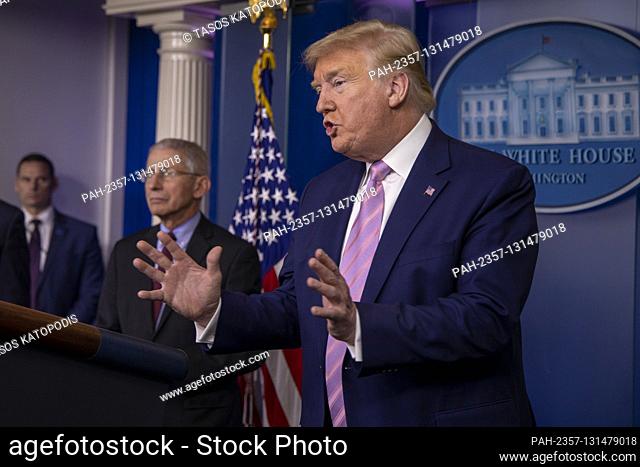 United States President Donald J. Trump speaks at the coronavirus briefing at the White House Washington, D.C., U.S., on Saturday, April 4, 2020