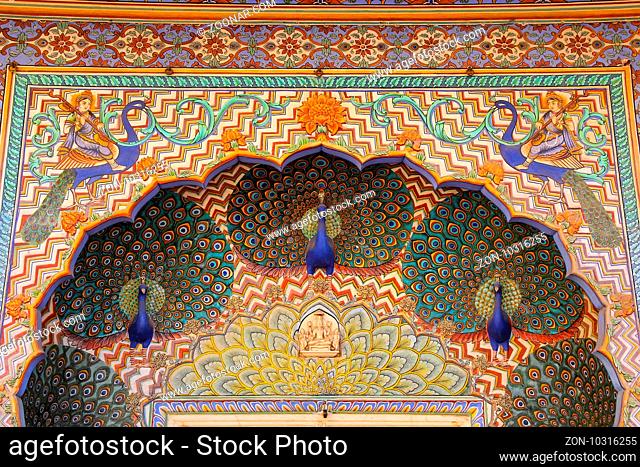 Close up of Peacock Gate in Pitam Niwas Chowk, Jaipur City Palace, Rajasthan, India. Palace was the seat of the Maharaja of Jaipur