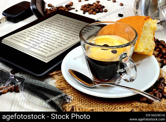 conceptual ebook reader un table and breakfast coffee