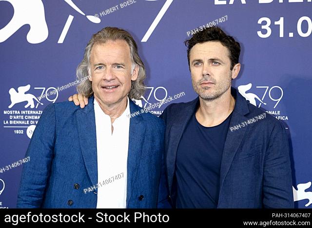 Bill Pohlad and Casey Affleck pose at the photocall of 'Dreamin Wild' during the 79th Venice International Film Festival at Palazzo del Cinema on the Lido in...
