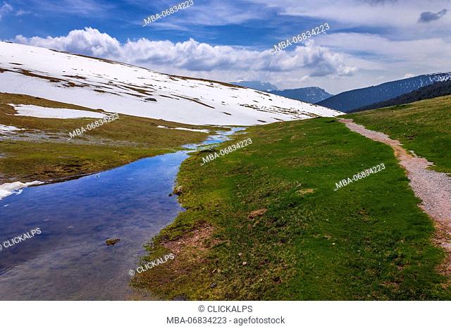 Last snow on park Puez, Funes valley, Bolzano province, South Tyrol region, Trentino Alto Adige, Italy, Europe