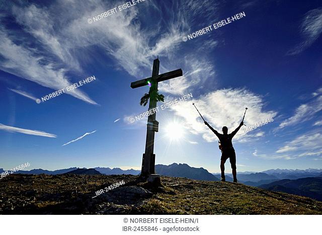 Hiker on the summit of Mount Fellhorn, Reit im Winkl, Chiemgau, Upper Bavaria, Bavaria, Germany, Europe