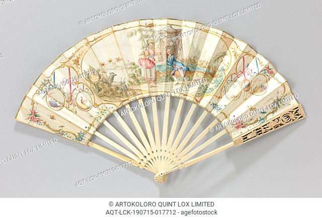 Folding fan with a pastoral scene, flanked by oval medallions and musical instruments on ribbon ribbons, Folding fan with sheet of paper with a watercolor and...