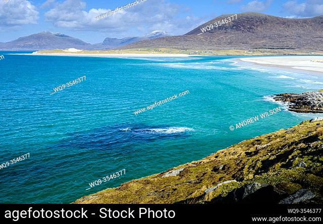 The beach at Seilebost, Isle of Harris, Outer Hebrides, Scotland. The island of Taransay can be see on the left in the background