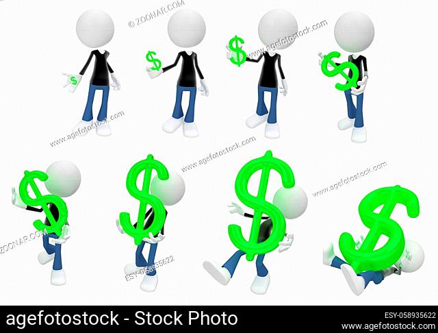 White symbolic figures action pose sequence, dollar money symbol, 3d illustration, horizontal, isolated