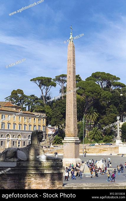 Rome, Italy. Piazza del Popolo. The obelisk was brought from Heliopolis, Egypt during the reign of the Emperor Augustus. The historic centre of Rome is a UNESCO...