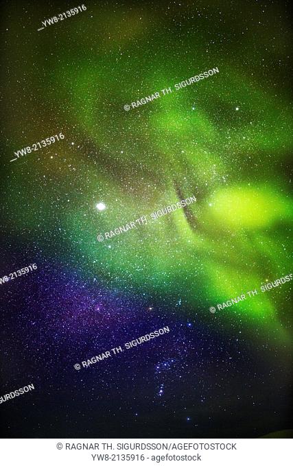 Aurora Borealis or Northern Lights with Milky Way Galaxy, Lapland, Sweden. Cold temperatures as low as -47 celsius