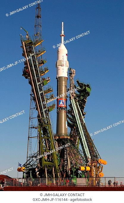 The Soyuz TMA-5 vehicle rolled to its launch pad at the Baikonur Cosmodrome in Kazakhstan October 12, 2004, in preparation for its launch October 14 to send...