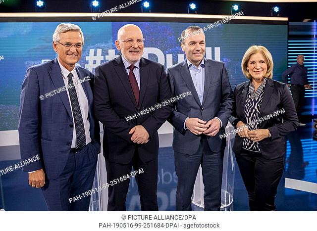 16 May 2019, Berlin: Peter Frey (l-r), Editor-in-Chief of ZDF, Frans Timmermans, leading SPE candidate for the European elections, Manfred Weber (CSU)