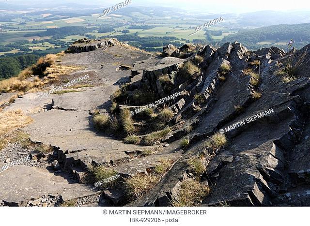 Basalt formation on top of Mt. Abtsrodaer Kuppe, foothill of Mt. Wasserkuppe, Rhoen Mountains, Hesse, Germany, Europe