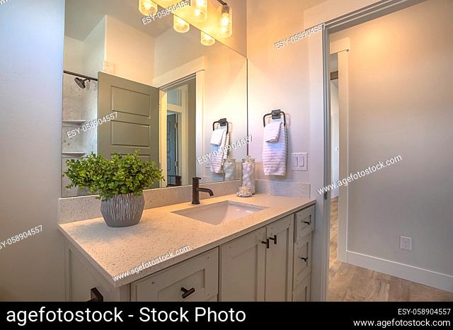 Mirror and vanity unit inside a bathroom with white wall and brown wood floor. Wood cabinets are beneath the white countertop with a single basin sink