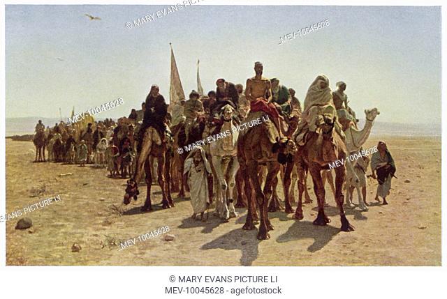 A caravan of pilgrims cross the desert to Mecca