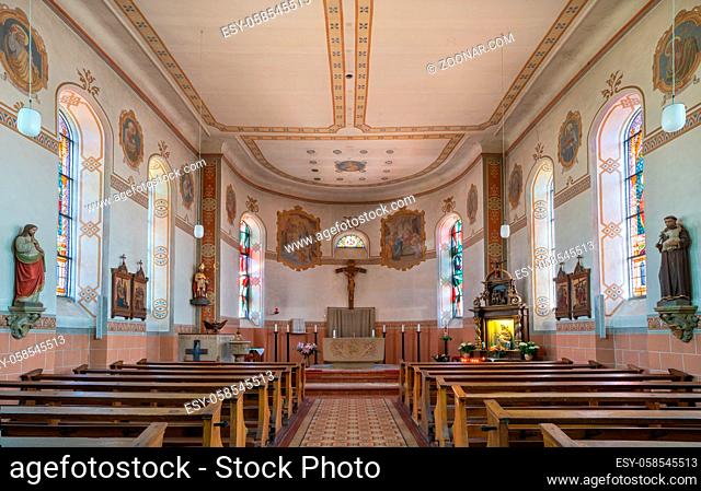 SCHALKENMEHREN, GERMANY - JUNE 23, 2020: View into the parish church Saint Martin on June 23, 2020 in Schalkenmehren, Germany