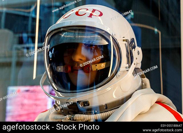 Moscow, Russia - November 28, 2018: Russian astronaut spacesuit Yastreb in Moscow space museum that was specially developed for early Soyuz space vehicle...
