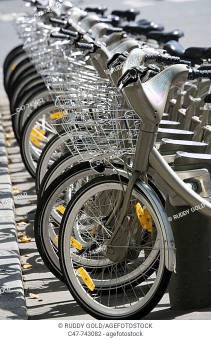 Velib bicycles docking station (self-service bike rental system). Paris. France