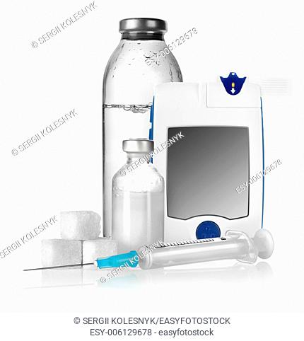 Insulin sugar and glucomete isolated on white background