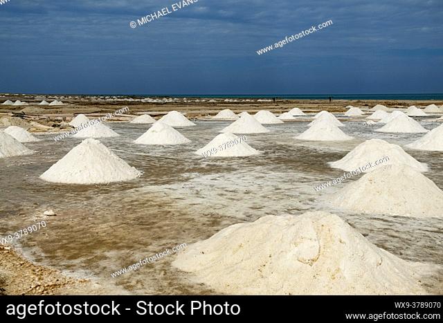 Salt mounds at the Manaure Salt Flats in the desert landscape in La Guajira, Colombia