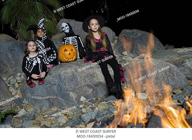 Portrait of boys and girls 7-9 wearing Halloween costumes by campfire