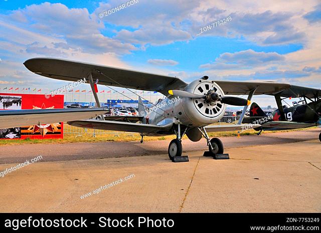 MOSCOW, RUSSIA - AUG 2015: Soviet biplane fighter I-153 Chaika presented at the 12th MAKS-2015 International Aviation and Space Show on August 28