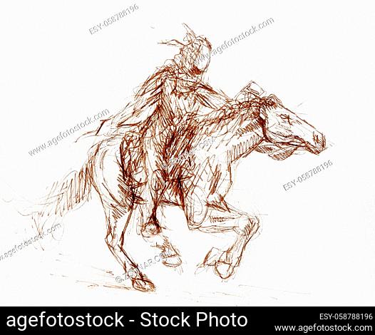 sketch of a native american man riding on a horse