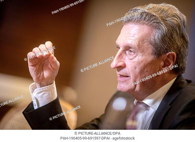 03 April 2019, Berlin: Günther Oettinger (CDU), EU Commissioner for Budget and Personnel, speaks in a dpa interview. (to dpa from 05.04