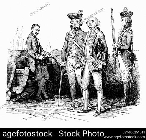 Military costumes, vintage engraved illustration. Colorful History of England, 1837