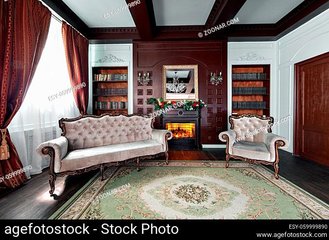 Luxury interior of home library. Sitting room with elegant furniture. shelves with books