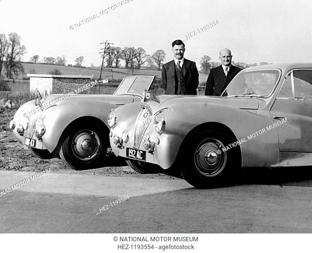 Geoff Healey (on the left), and Donald Healey, late 1940s. With the Healey Westland and Elliot models. Donald Healey was a rally driver, automobile engineer