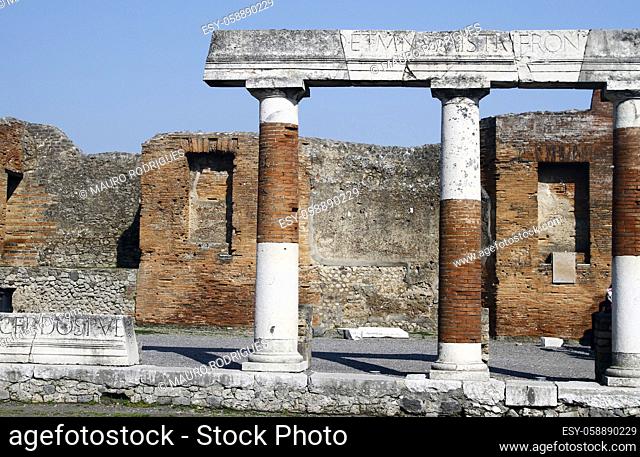 View of the ruins of the archeological Pompeii site, located near Naples, Italy