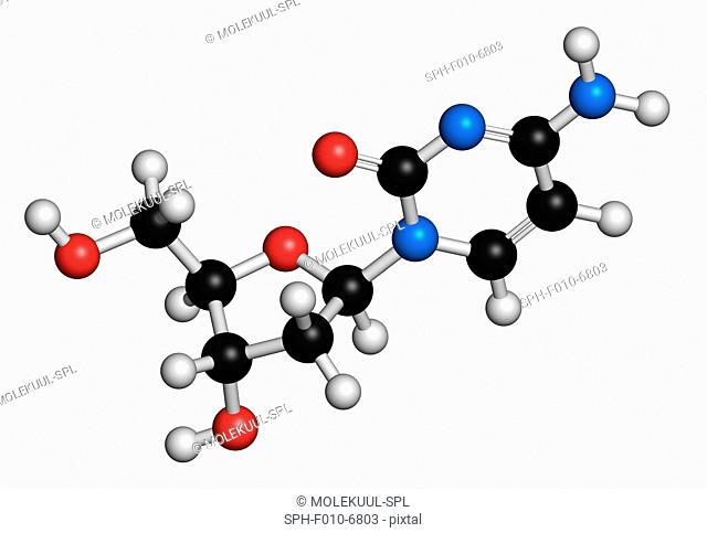 Deoxycytidine (dC) nucleoside molecule. DNA (deoxyribonucleic acid) building block. Atoms are represented as spheres with conventional colour coding: hydrogen...