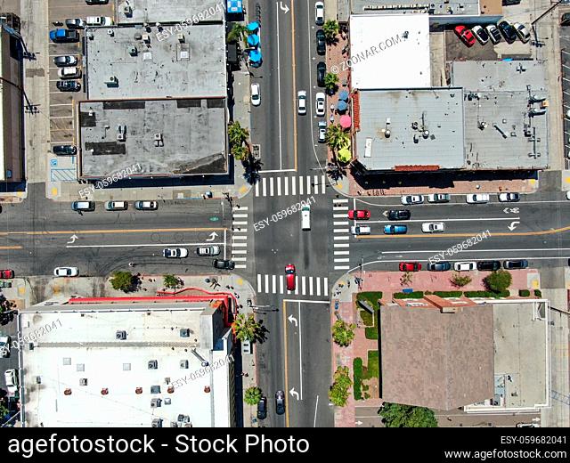 Aerial top view of Pacific Beach downtown road. San Diego, California.USA