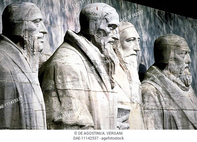 Statue of William Farel, John Calvin, Theodore Beza, and John Knox, Reformation Wall (1909), Geneva, Canton of Geneva, Switzerland