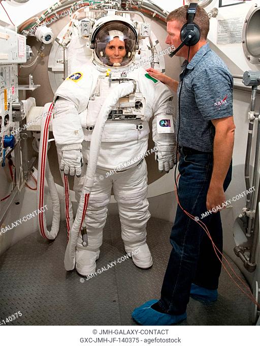 European Space Agency astronaut Samantha Cristoforetti, Expedition 4243 flight engineer, participates in an Extravehicular Mobility Unit (EMU) spacesuit fit...
