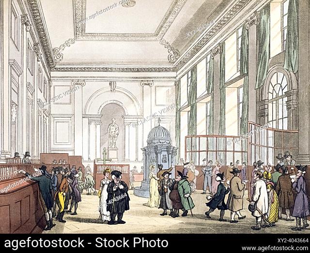 The Great Hall, Bank of England. Circa 1808. After a work by August Pugin and Thomas Rowlandson in the Microcosm of London